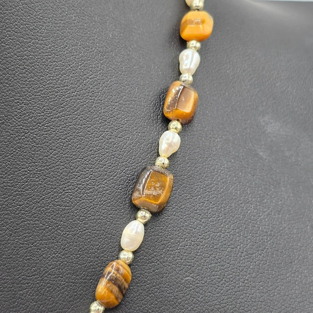 Tigers Eye Freshwater Pearl Beaded Necklace Brown Gold White 18.5 Inch Boho